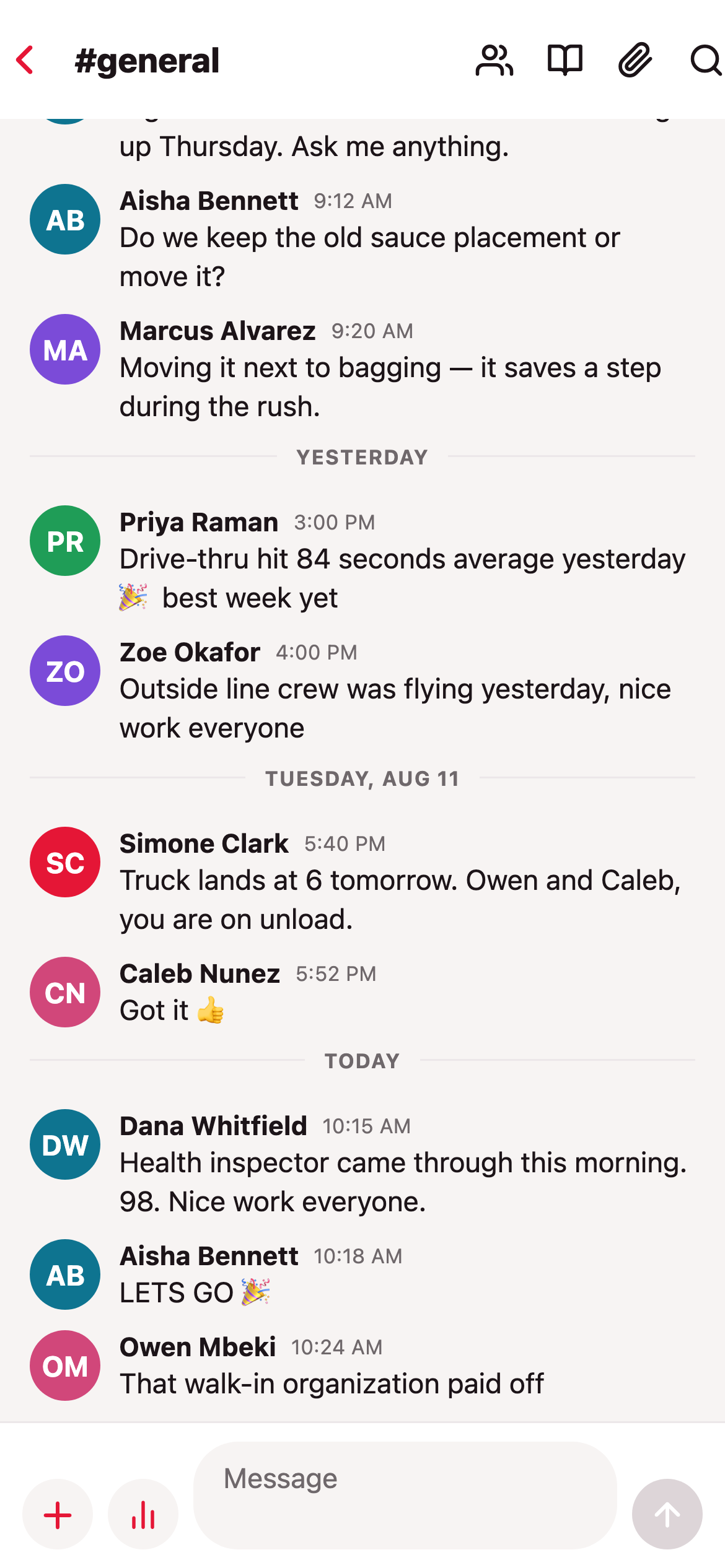 The #general channel: daytime messages from Dana, Aisha, Priya, and the rest of the crew